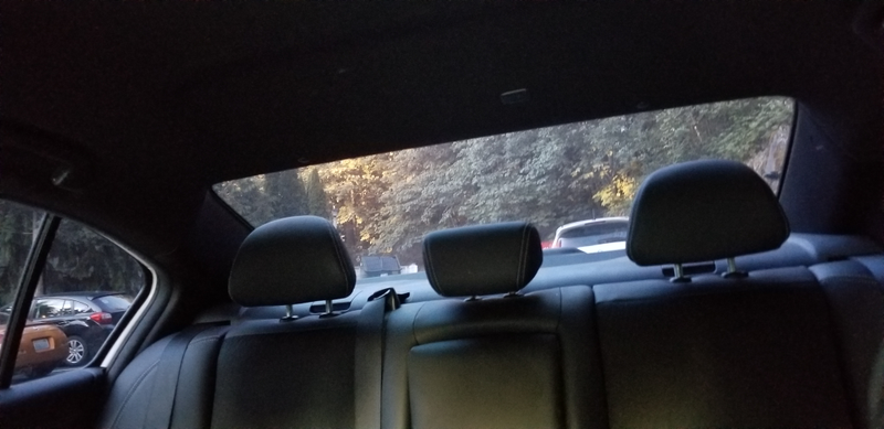 This was taken at eye level, and represents a fairly accurate view of what I see when I turn around. Which is not a whole lot. Look at how high up the end of the trunk lid is.